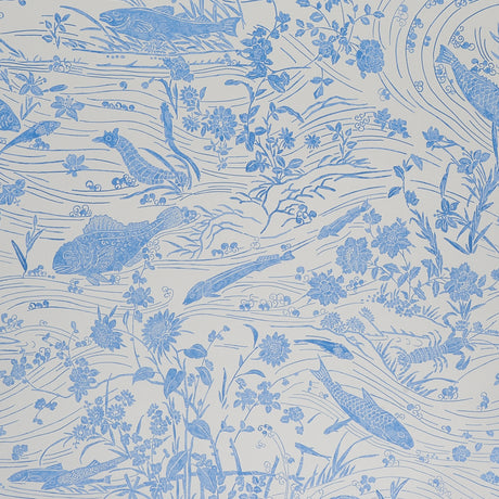 Sea Garden wallpaper in porcelain blue by Schumacher, featuring an underwater scene with fantastical sea creatures and aquatic flowers.
