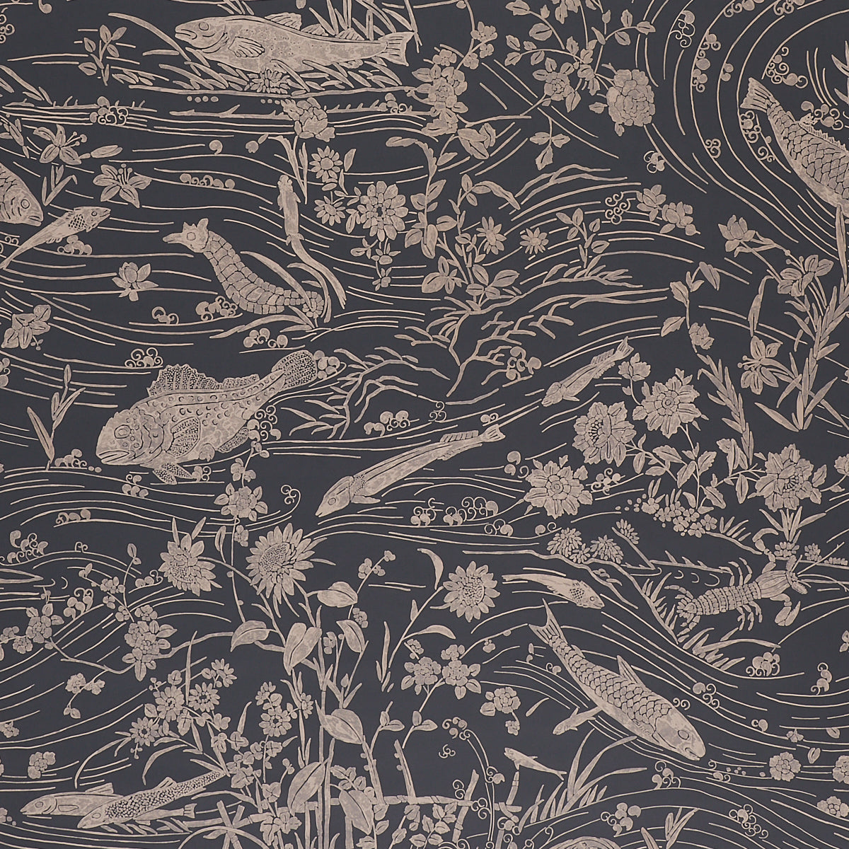 Sea Garden wallpaper in charcoal by Schumacher, featuring a hand-painted underwater scene with fantastical sea creatures and aquatic flowers.