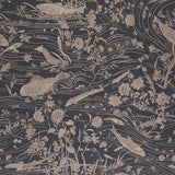 Sea Garden wallpaper in charcoal by Schumacher, featuring a hand-painted underwater scene with fantastical sea creatures and aquatic flowers.