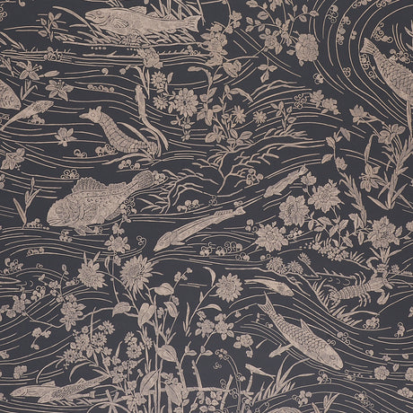 Sea Garden wallpaper in charcoal by Schumacher, featuring a hand-painted underwater scene with fantastical sea creatures and aquatic flowers.