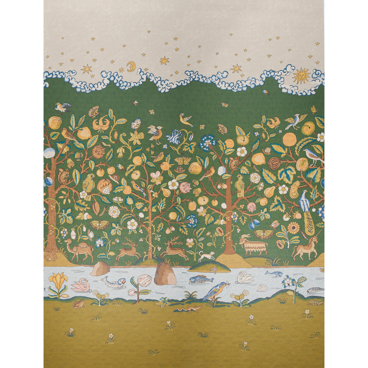 Chaucer's Forest Panel Set wallpaper featuring whimsical flora and fauna in a scenic tapestry-inspired design by Schumacher.