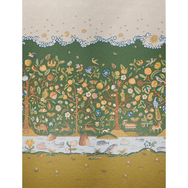 Chaucer's Forest Panel Set wallpaper featuring whimsical flora and fauna in a scenic tapestry-inspired design by Schumacher.