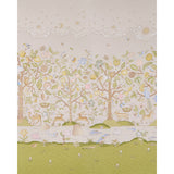 Chaucer's Forest Panel Set in Alabaster by Schumacher, whimsical flora and fauna scenic wall mural wallpaper in a living room setting.