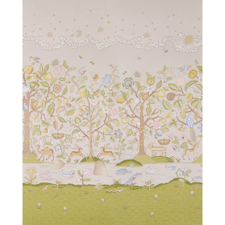Chaucer's Forest Panel Set in Alabaster by Schumacher, whimsical flora and fauna scenic wall mural wallpaper in a living room setting.