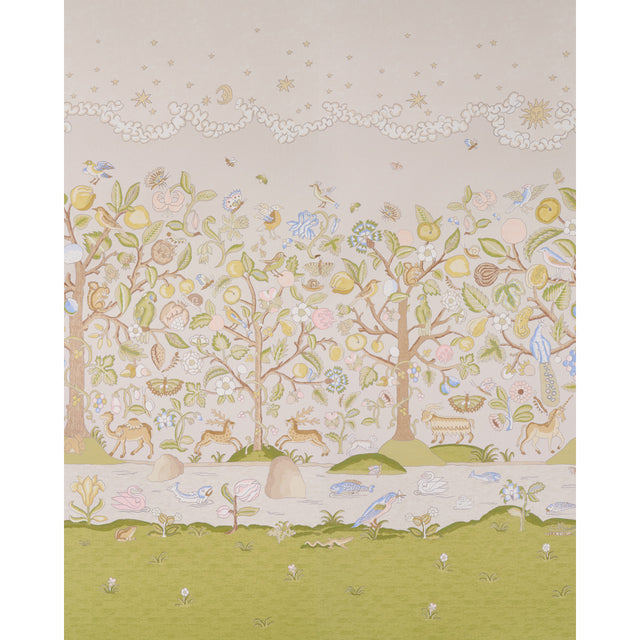 Chaucer's Forest Panel Set in Alabaster by Schumacher, whimsical flora and fauna scenic wall mural wallpaper in a living room setting.