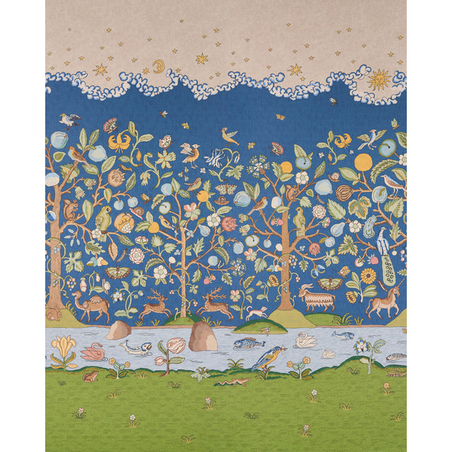 Chaucer's Forest Panel Set wallpaper in slate by Schumacher, featuring whimsical flora and fauna in a scenic, tapestry-inspired design.