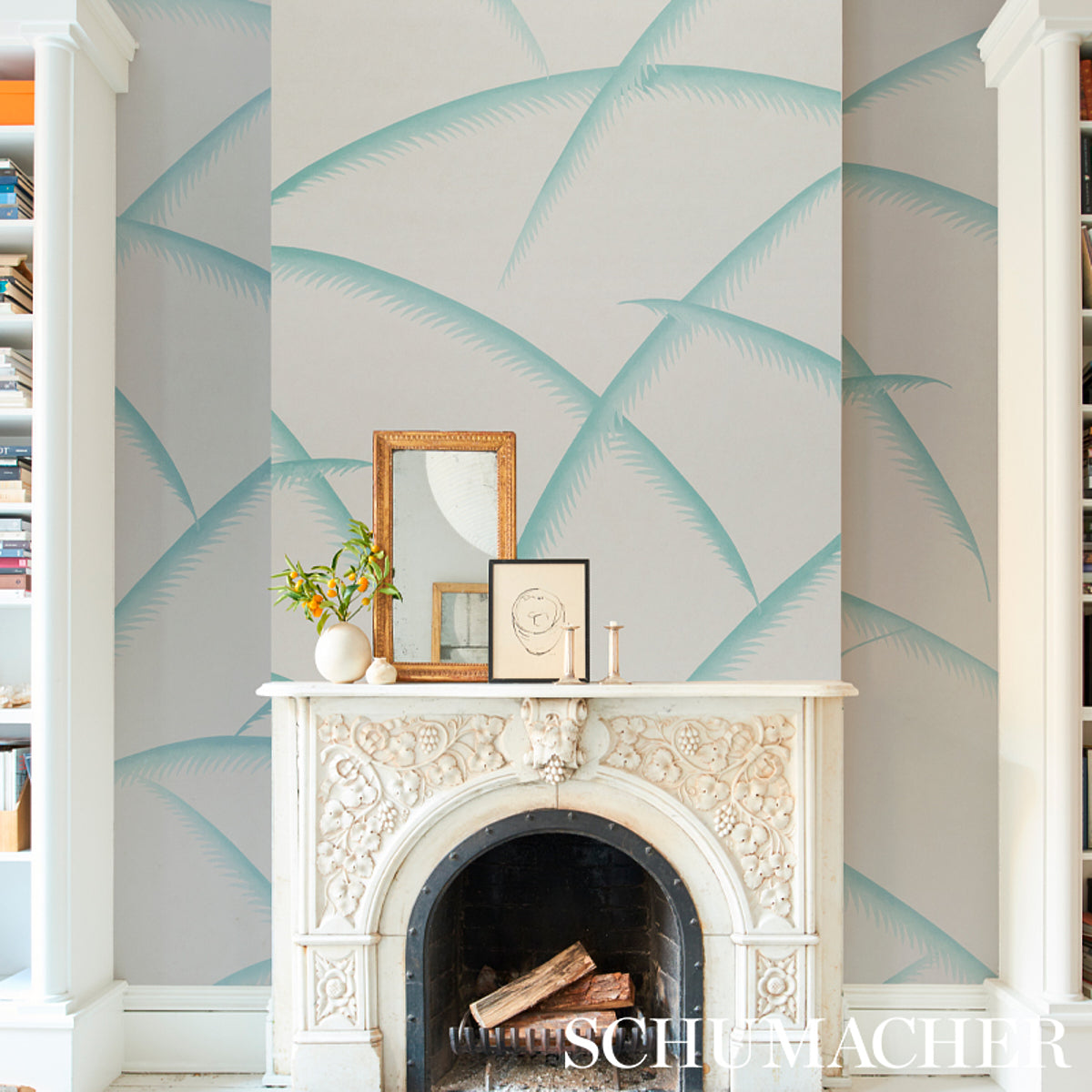 Deco Palms Seaglass by Schumacher Art Deco Palm Frond Wallpaper – Schumacher 5013300