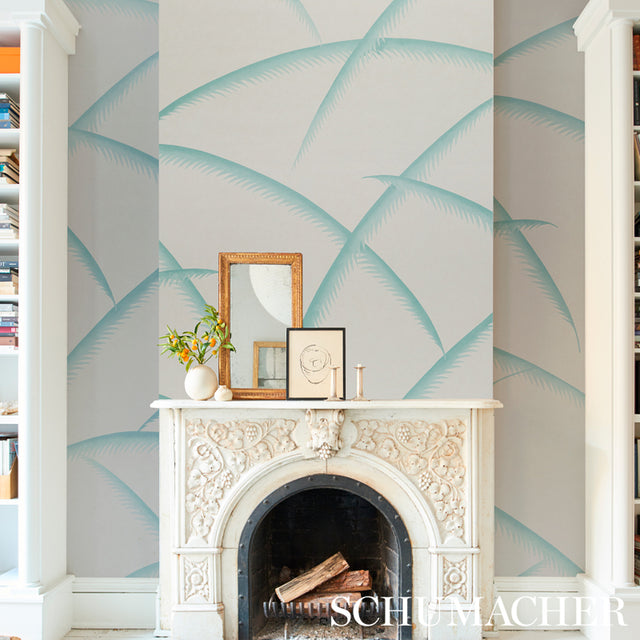 Deco Palms Seaglass by Schumacher Art Deco Palm Frond Wallpaper – Schumacher 5013300