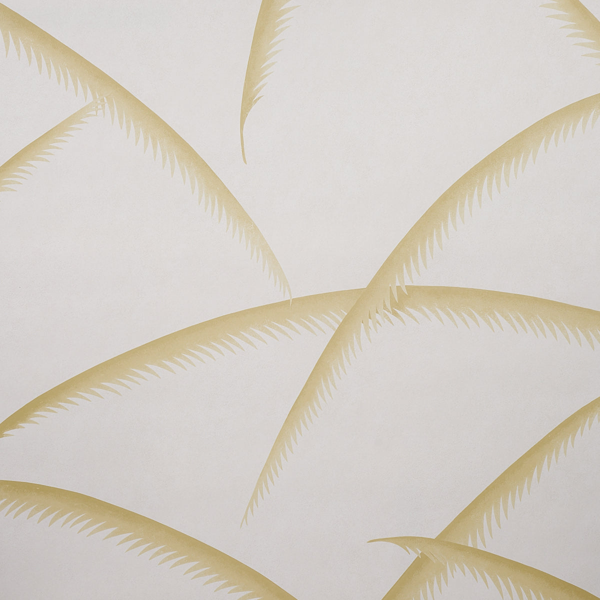 Deco Palms gold wallpaper with stylized palm fronds in a modern Art Deco style, shown in a sophisticated living room setting.