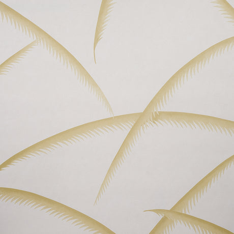 Deco Palms gold wallpaper with stylized palm fronds in a modern Art Deco style, shown in a sophisticated living room setting.