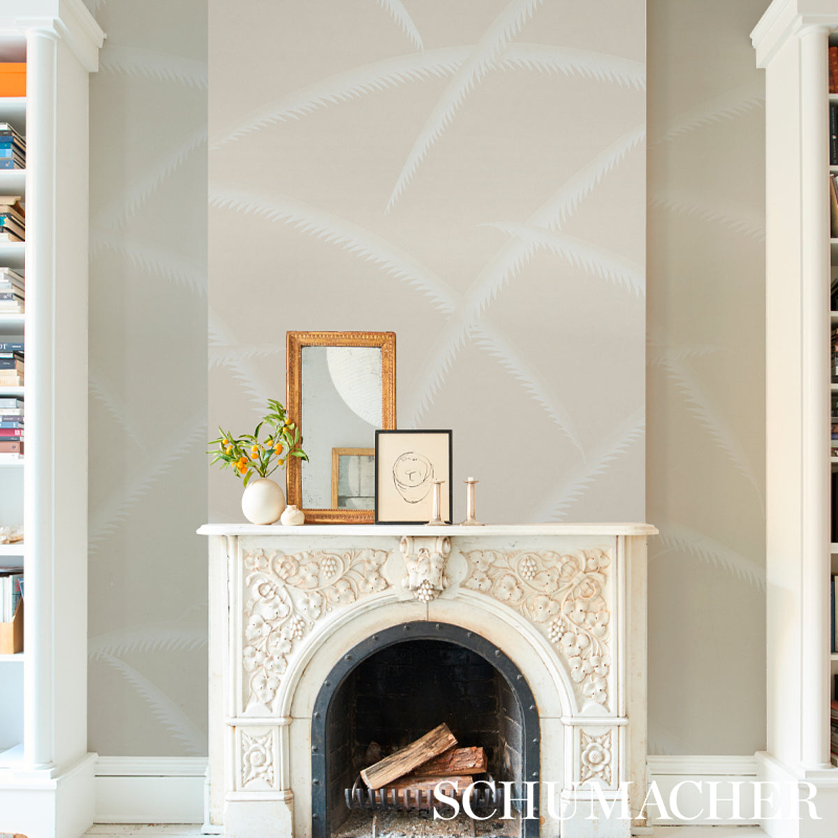 Deco Palms Ivory on Natural by Schumacher Art Deco Palm Frond Wallpaper – Schumacher 5013303