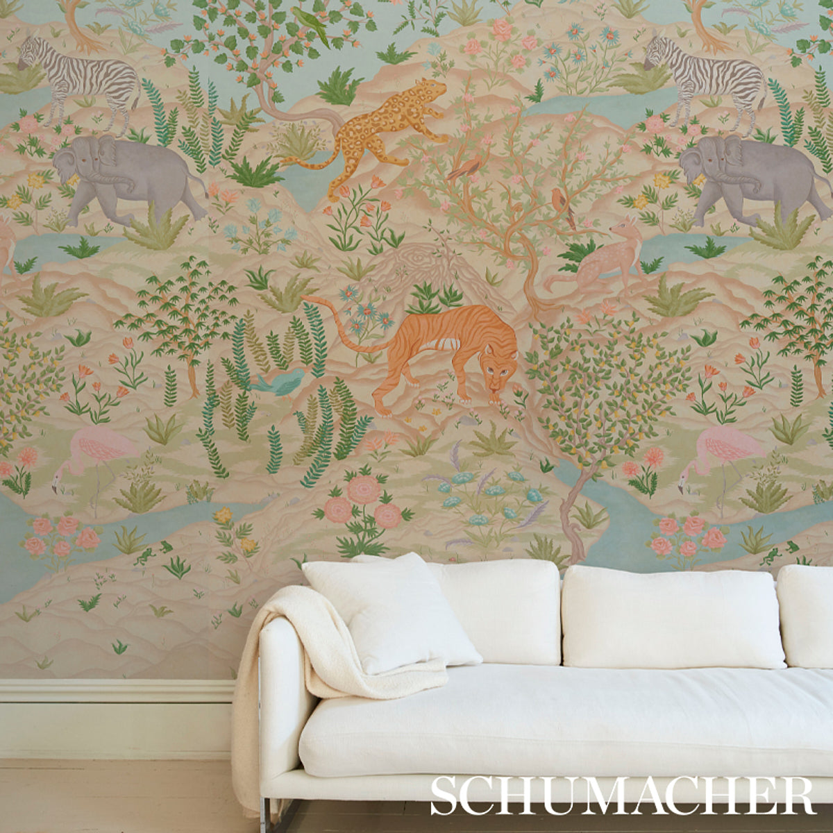 Finches Jungle Panel Set Scenic Jungle Wallpaper in Parchment by Schumacher – 5013310