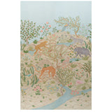 Finches Jungle Panel Set wallpaper featuring a hand-painted scenic jungle landscape with exotic animals and flora in parchment color by Schumacher.