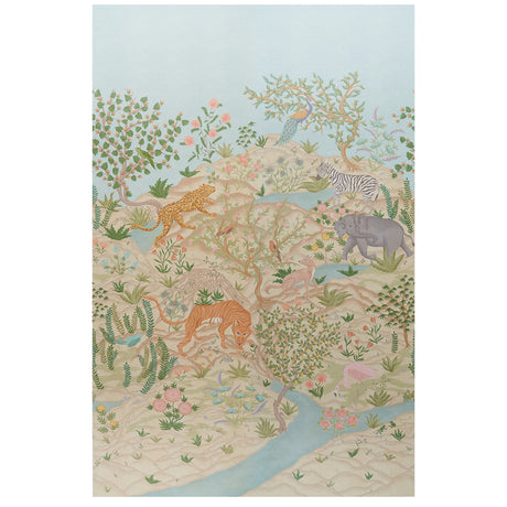 Finches Jungle Panel Set wallpaper featuring a hand-painted scenic jungle landscape with exotic animals and flora in parchment color by Schumacher.