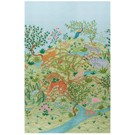 Finches Jungle Panel Set wallpaper by Schumacher featuring a vibrant, hand-painted jungle scene with exotic animals and lush flora in verdant colors.
