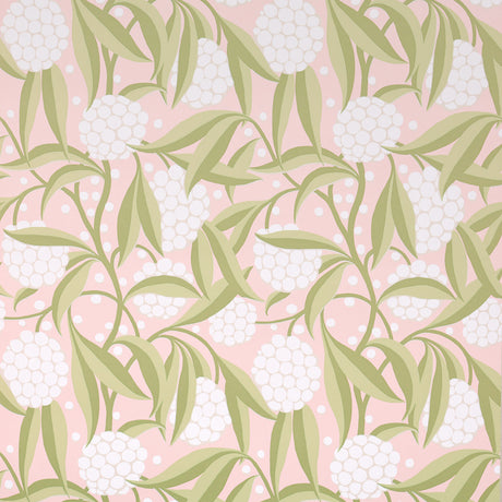 Rubus Blush painterly floral wallpaper with stylized two-tone leaves and large graphic globes of flowers by Schumacher