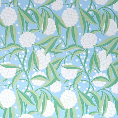 Rubus Delft painterly floral wallpaper with stylized leaves and large graphic globes of flowers by Schumacher