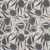 RUBUS wallpaper in Stone by Schumacher features a painterly floral design with stylized two-tone leaves and large graphic globes of flowers.
