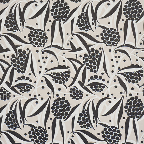 RUBUS wallpaper in Stone by Schumacher features a painterly floral design with stylized two-tone leaves and large graphic globes of flowers.