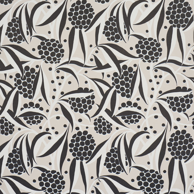 RUBUS wallpaper in Stone by Schumacher features a painterly floral design with stylized two-tone leaves and large graphic globes of flowers.