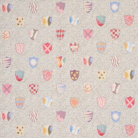Heraldic wallpaper in Sprezzatura by Happy Menocal for Schumacher, featuring colorful painterly shields on a dotted background.