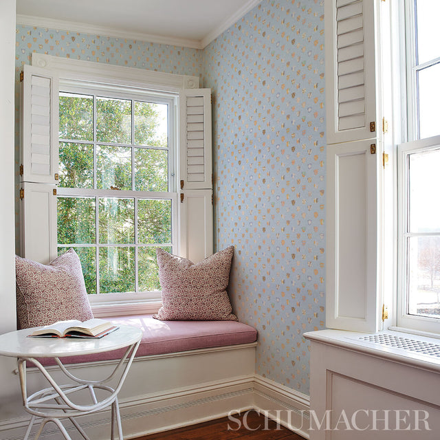 Heraldic Oxford Blue by Happy Menocal Whimsical Shields Wallpaper – Schumacher 5013491