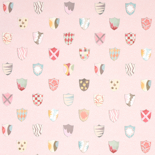 Heraldic wallpaper in pink by Happy Menocal for Schumacher, featuring whimsical colorful shields on a mottled background.