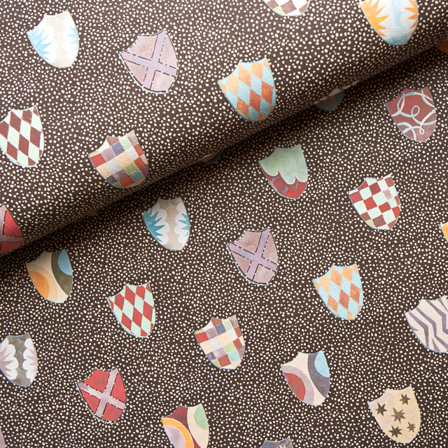 Heraldic Brown by Happy Menocal Whimsical Shields Wallpaper – Schumacher 5013493