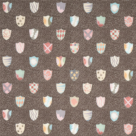 Heraldic wallpaper in brown by Happy Menocal for Schumacher, featuring whimsical colorful shields on a dotted background.