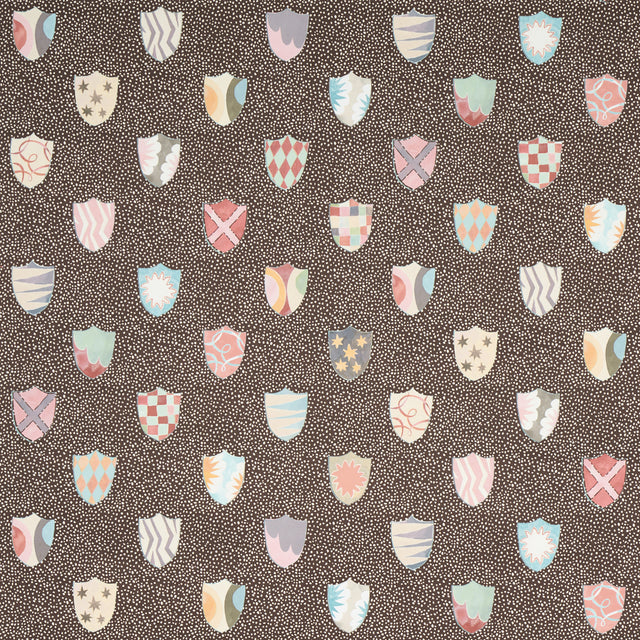 Heraldic wallpaper in brown by Happy Menocal for Schumacher, featuring whimsical colorful shields on a dotted background.