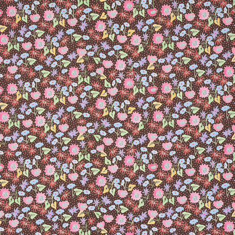 Calico by Happy Menocal for Schumacher - multicolor microfloral wallpaper in multi on brown, shown in detail and installed in a bedroom setting.
