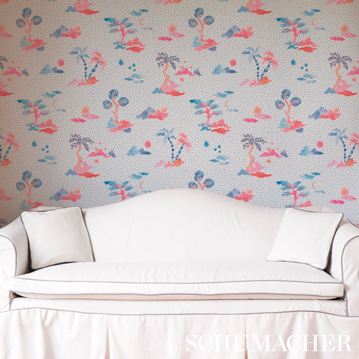 Valletta Sky and Pink by Schumacher Whimsical Scenic Wallpaper – Schumacher 5013520