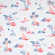 Valletta Sky and Pink wallpaper by Schumacher, designed by Happy Menocal, featuring whimsical trees, celestial bodies, and a stippled background in blue and pink tones.