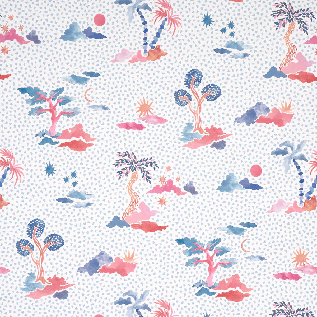 Valletta Sky and Pink wallpaper by Schumacher, designed by Happy Menocal, featuring whimsical trees, celestial bodies, and a stippled background in blue and pink tones.