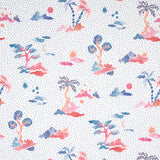 Valletta Sky and Pink wallpaper by Schumacher, designed by Happy Menocal, featuring whimsical trees, celestial bodies, and a stippled background in blue and pink tones.