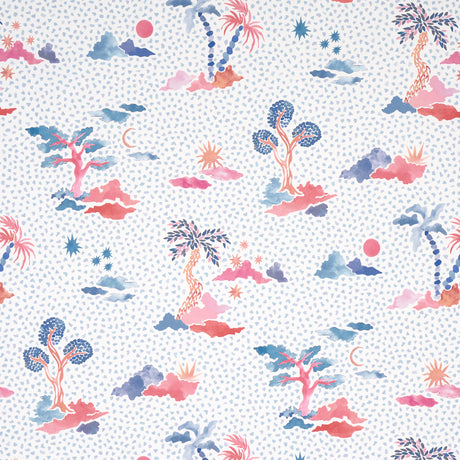 Valletta Sky and Pink wallpaper by Schumacher, designed by Happy Menocal, featuring whimsical trees, celestial bodies, and a stippled background in blue and pink tones.