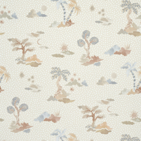 Valletta Moonstone wallpaper by Happy Menocal for Schumacher, featuring exotic trees, celestial motifs, and a hand-painted look in soft pastel tones.