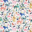 Beasts wallpaper by Happy Menocal for Schumacher, featuring a whimsical array of colorful exotic animals and flora on an ivory background.