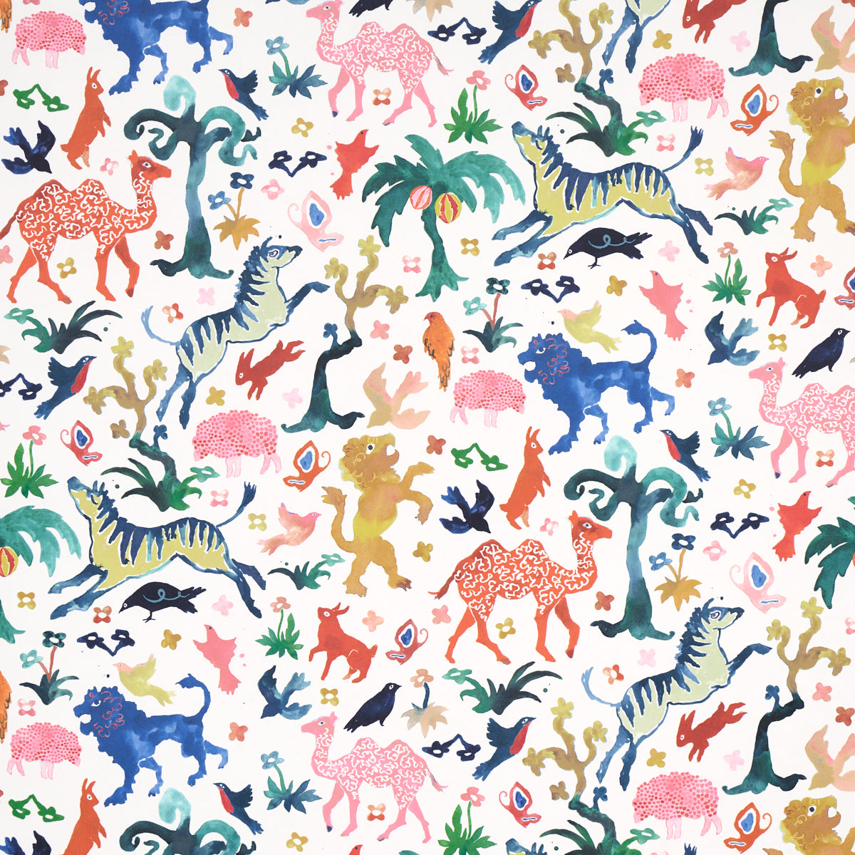 Beasts wallpaper by Happy Menocal for Schumacher, featuring a whimsical array of colorful exotic animals and flora on an ivory background.