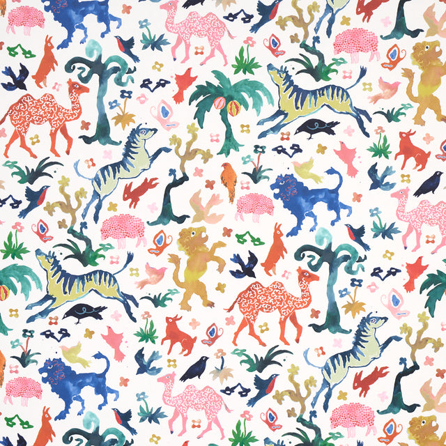 Beasts wallpaper by Happy Menocal for Schumacher, featuring a whimsical array of colorful exotic animals and flora on an ivory background.