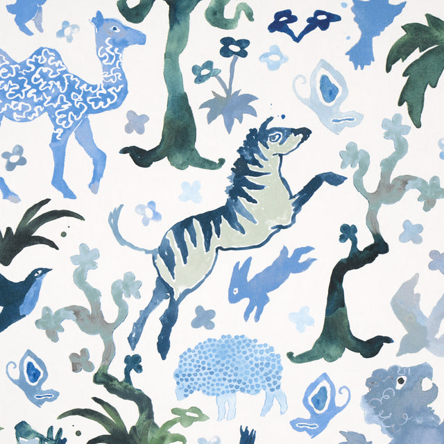 Beasts Blue and Green by Happy Menocal Whimsical Animal Wallpaper – Schumacher 5013531
