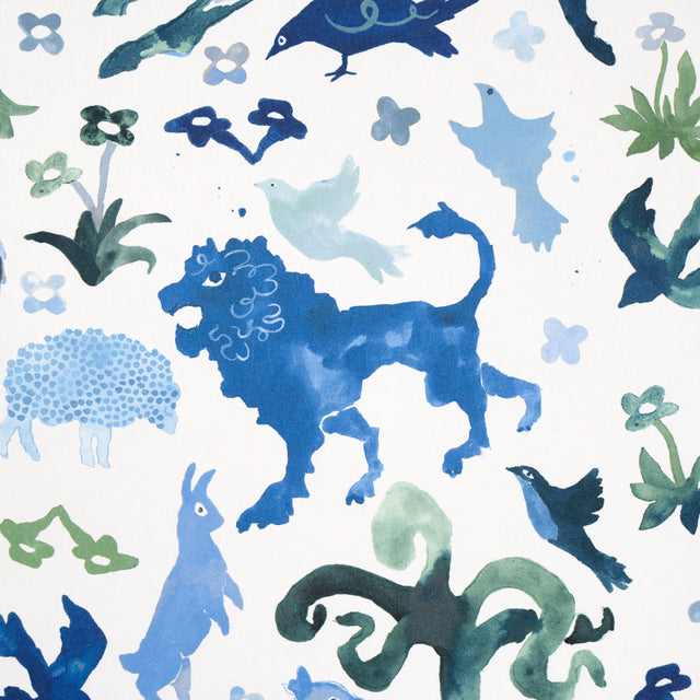 Beasts Blue and Green by Happy Menocal Whimsical Animal Wallpaper – Schumacher 5013531