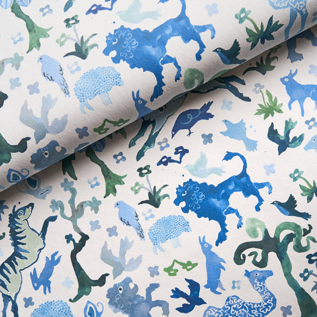 Beasts Blue and Green by Happy Menocal Whimsical Animal Wallpaper – Schumacher 5013531
