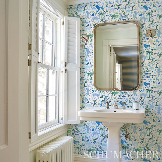 Beasts Blue and Green by Happy Menocal Whimsical Animal Wallpaper – Schumacher 5013531