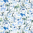 Beasts blue and green wallpaper by Happy Menocal for Schumacher featuring whimsical animals and flora in a hand-painted style