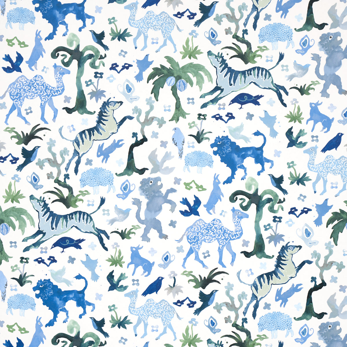 Beasts blue and green wallpaper by Happy Menocal for Schumacher featuring whimsical animals and flora in a hand-painted style