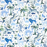 Beasts blue and green wallpaper by Happy Menocal for Schumacher featuring whimsical animals and flora in a hand-painted style