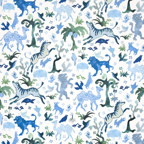 Beasts blue and green wallpaper by Happy Menocal for Schumacher featuring whimsical animals and flora in a hand-painted style