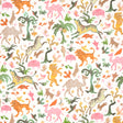 Beasts wallpaper in pink and gold by Happy Menocal for Schumacher, featuring whimsical animals and flora in a hand-painted style.
