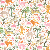 Beasts wallpaper in pink and gold by Happy Menocal for Schumacher, featuring whimsical animals and flora in a hand-painted style.